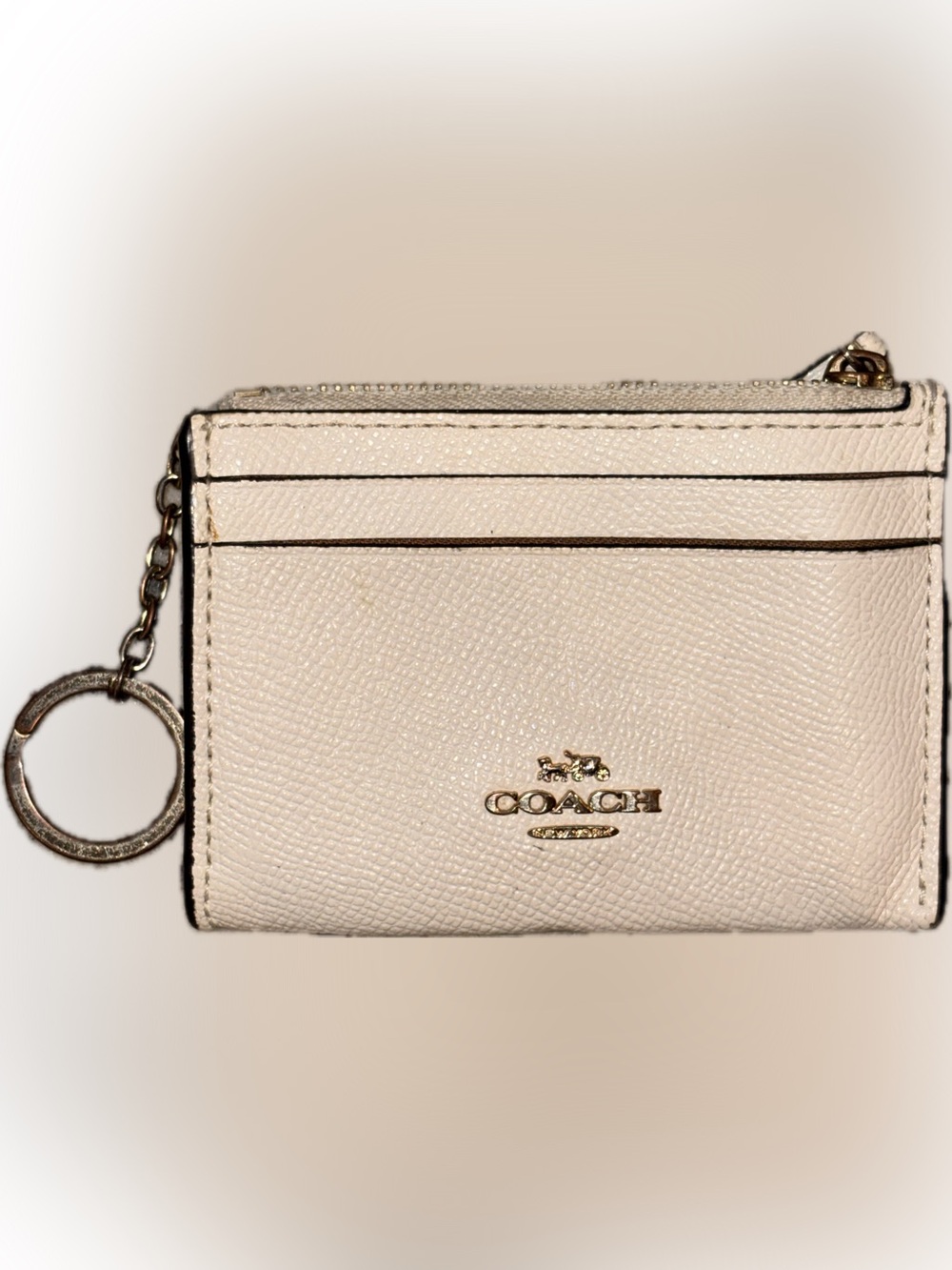Coach Cream Leather Card Holder Key Ring with Brown ID Window